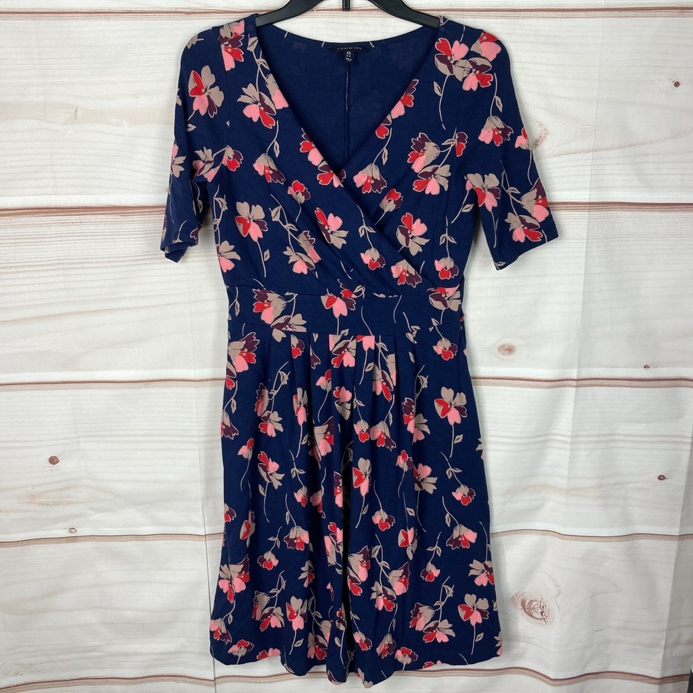 Lands End Dress Womens XS Blue Floral Faux Wrap A-Line V-Neck Short Sleeve Knit